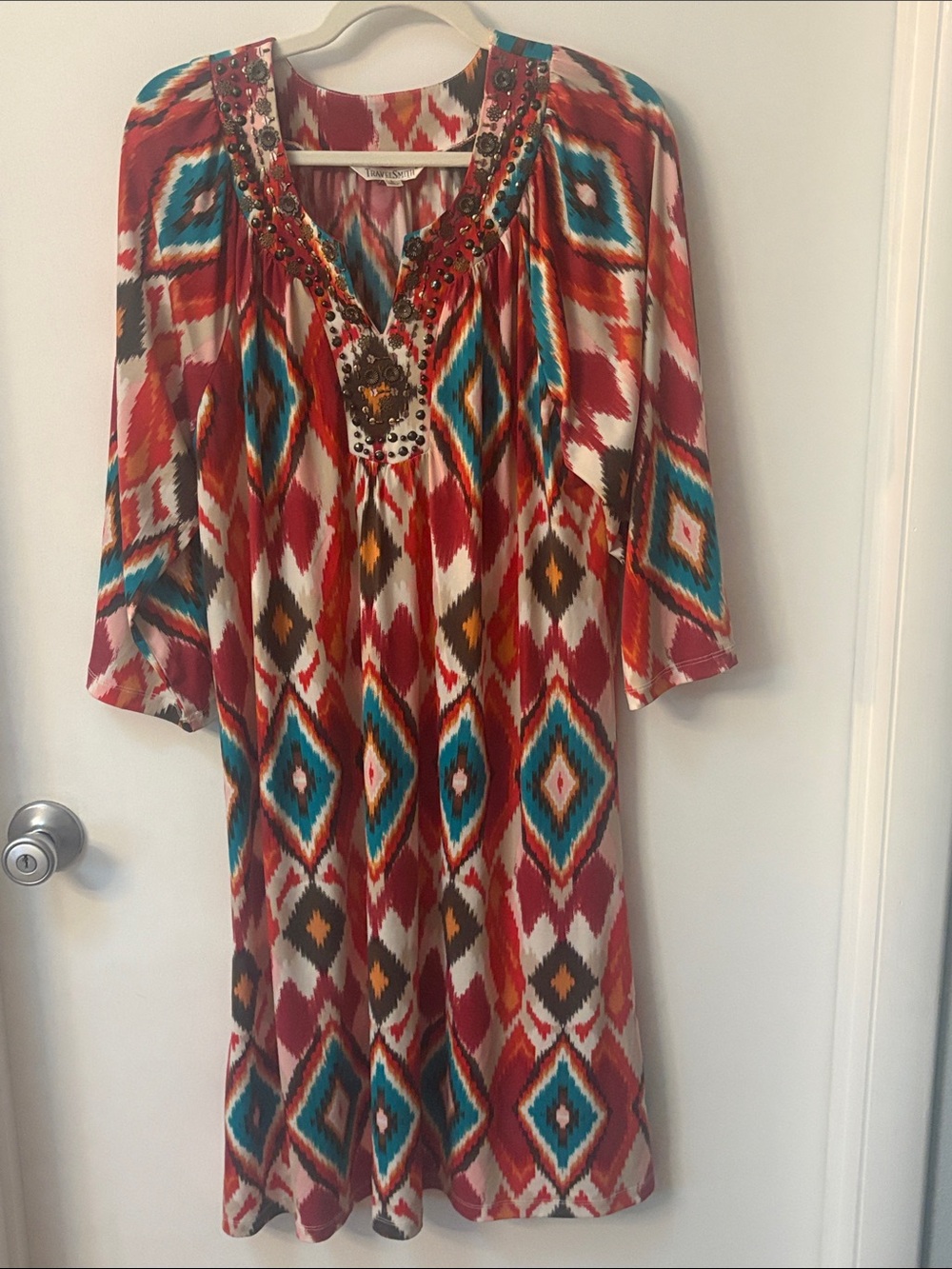 TravelSmith Beaded Ikat Midi Dress in Red, Teal, Brown and Cream